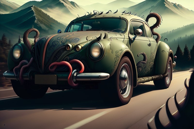 <lora:cthulhuTECH_r1_e15:1>mythostech battlecar volkswagon beetle (coated in tentacles:1.1) driving along a road through t...